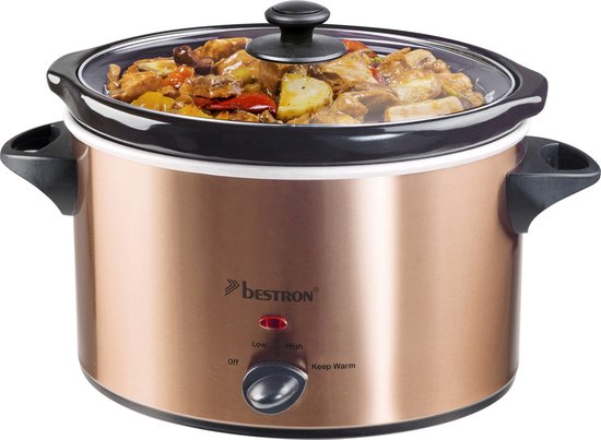 Bestron Slowcooker, met 3 programma's, keramische pan & glazen deksel, voor 4 Personen, 3.5L capaciteit, vatwasserveilig, 180 Watt, Copper Collection, kleur: Koper