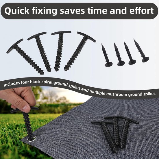 FoundGo Voortenttapijt met zeilogen, 250x350cm campingtapijt [280g/m² HDPE] Outdoor tenttapijt luifeltapijt met draagtas, T haringen, stalen spijkers en Intrekbare Waslijn, Blauw/Grijs