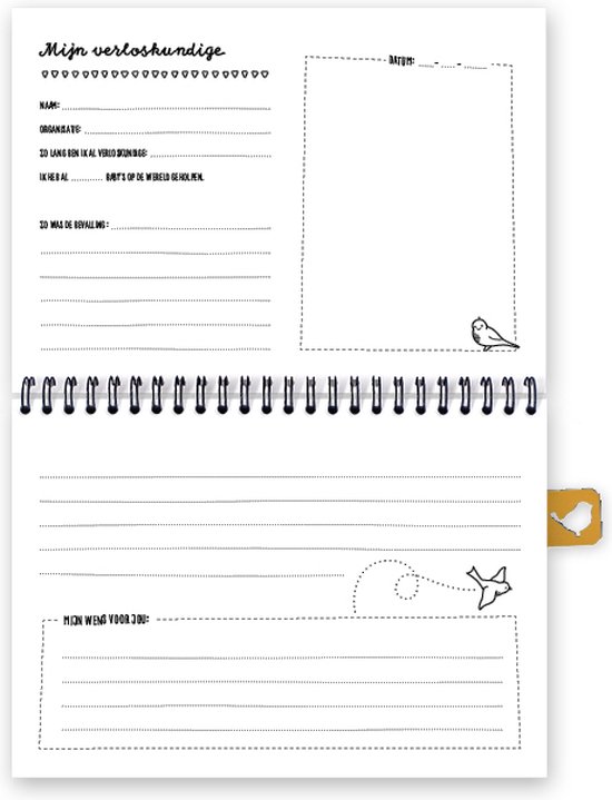 Pagina uit een kraambezoek invulboek met tekst 'Mijn verloskundige', velden voor datum, naam en organisatie.