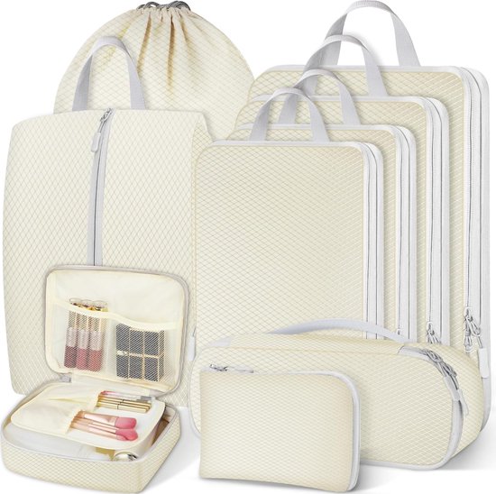 Foto: Kofferorganizerset 9 delig packing cubes compressie inpakzakken met compressie ultralichte rijstorganizer voor koffer en rugzak pakkubus kofferorganizer rijstkledingbekers beige