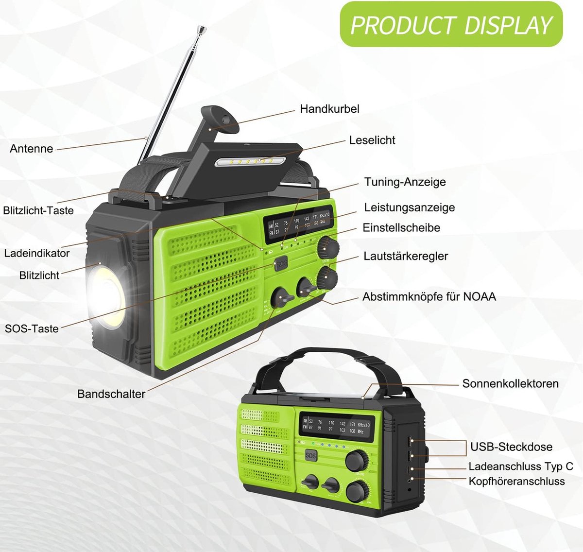 Noodradio - Opwindbare radio - Dynamo / Solar / Zonnepaneel - Opwindbaar - Zaklamp - Powerbank - Survival radio - FM - AM - Leeslamp - BCC.nl
