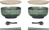 Keramieken Ramen Bowl Set - 8 Stuks inclusief Lepel en Eetstokjes - 1100 ML - Grote Soepkom voor Pho, Sushi en Meer - Groen - Set van 2 Schalen set