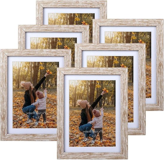 Set van 6 rustieke fotolijsten 13x18 cm voor 18x13 foto's met passe-partouts - wand- of tafelstandaard Fotolijsten