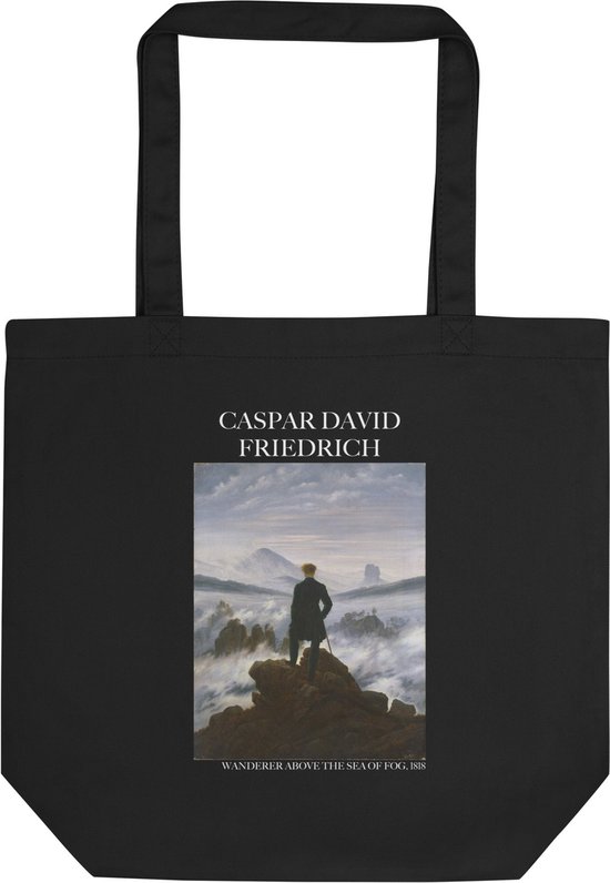Caspar David Friedrich 'Wandelaar boven de nevelen' ("Wanderer Above the Sea of Fog") Beroemde Schilderij Tote Bag | 100% Katoenen Tas | Kunst Tote Bag | Zwart