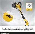 Gele schuurmachine met lange steel en een detail van de snelheidsregelaar.