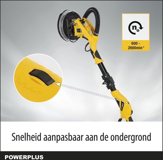 Gele schuurmachine met lange steel en een detail van de snelheidsregelaar.