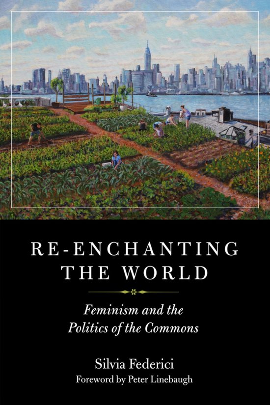 Boek 'Re-enchanting The World' met een schilderij van een daktuin in New York, met de tekst 'RE-ENCHANTING THE WORLD, Feminism and the Politics of the Commons, Silvia Federici'.