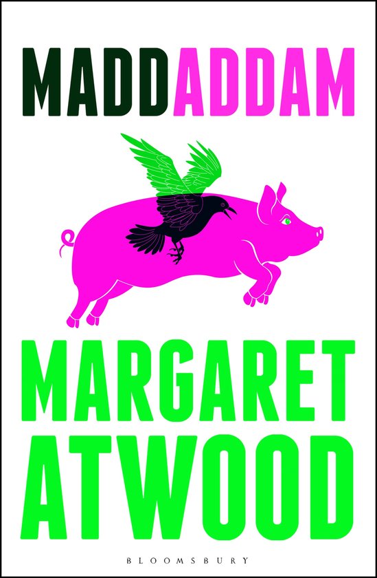 Boekcover van MaddAddam met een roze varken met een zwarte vogel erop.