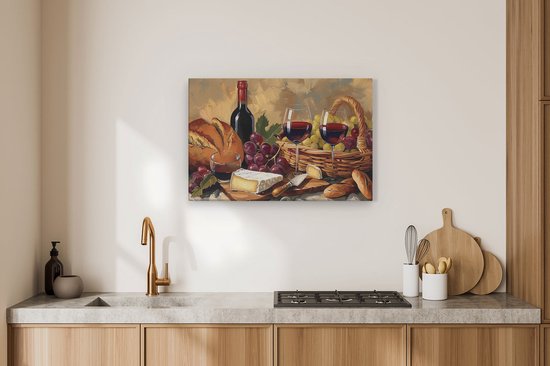 Artaza Peinture sur Toile Oeuvre de Vin, Pain et Fromage - 90x60 - Décoration murale - Photo sur Toile - Impression sur Toile
