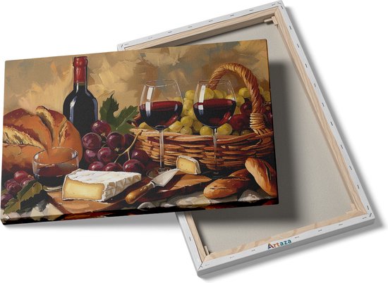 Artaza Peinture sur Toile Oeuvre de Vin, Pain et Fromage - 90x60 - Décoration murale - Photo sur Toile - Impression sur Toile