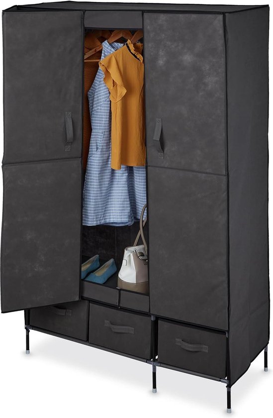Stoffen kledingkast 2 stangen 3 lades & 4 vakken vouwkast met deuren 173 x 112 x 44 cm antraciet - Opbergsysteem voor kleding Kledingkast