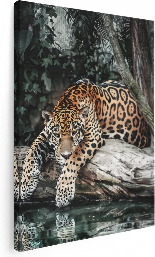 Artaza Canvas Schilderij Jaguar Rust op een Boomstam - Foto Op Canvas - Canvas Print