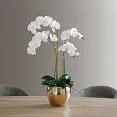 Kunstmatig orchideeën arrangement met witgouden vaas H79