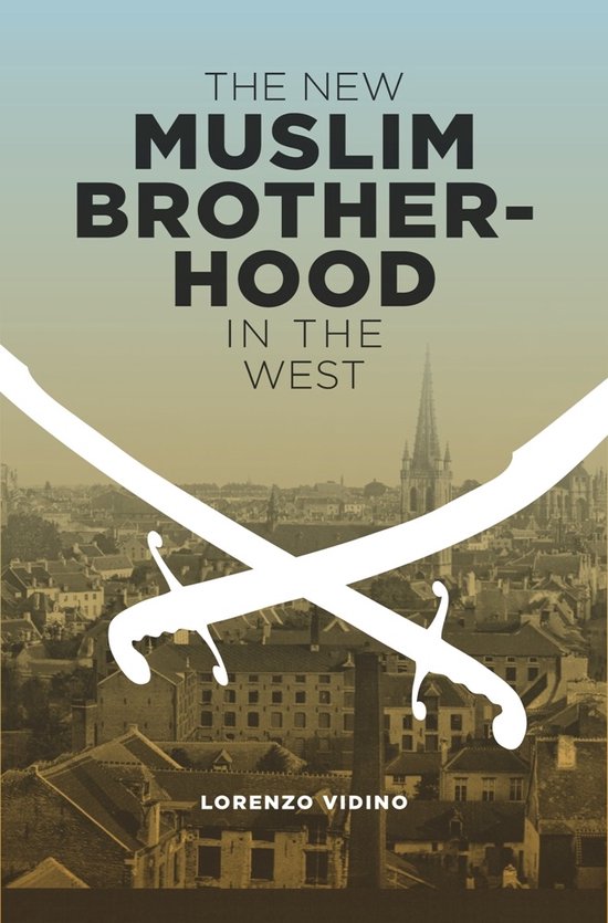 Boek 'The New Muslim Brotherhood In The West' met twee witte zwaarden op een stadse achtergrond.