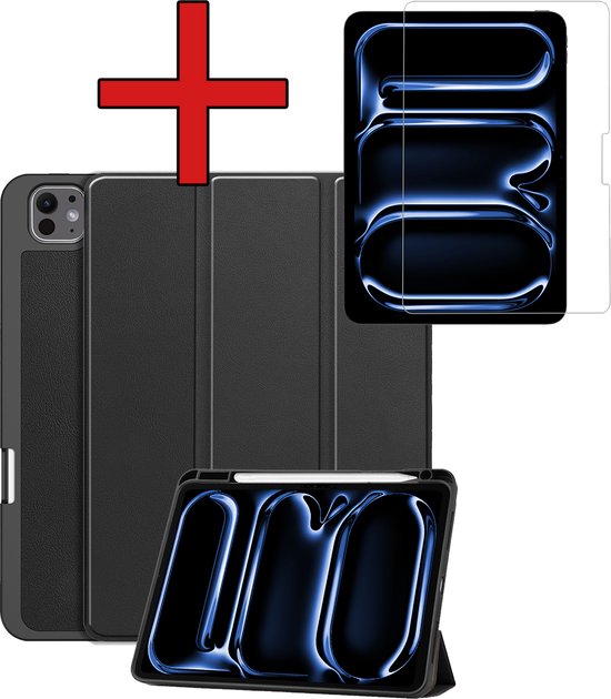 Hoesje - Geschikt voor Apple iPad Pro (2024/2025) - 13 inch - Met Screenprotector - Trifold Bookcase Hoes - Hard Cover Case - Met Uitsparing Geschikt voor Apple Pencil - Hardcover Book - Tablethoes - Zwart