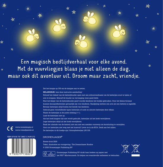 Boekpagina met tekst en illustratie van drie kleine, gloeiende vuurvliegjes.