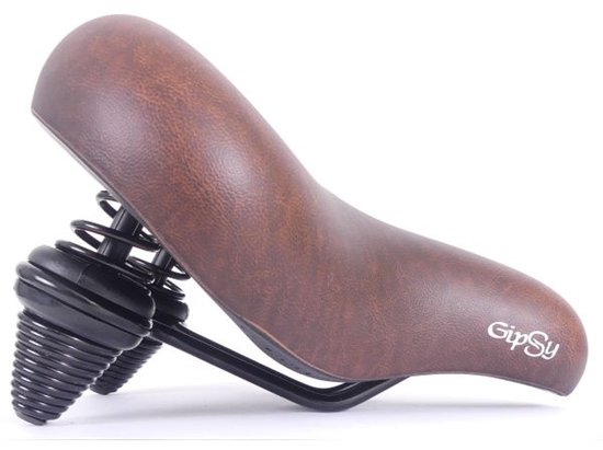 Bruin fietszadel met "Gipsy" logo en zwarte veren.