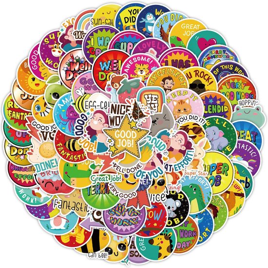 Foto: 100 beloningsstickers voor kinderen stickers met grappige plaatjes en engelse positieve teksten school les stickers