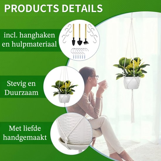 Set van 3 macramé hangmanden, boho-decoratie, wandvazen en hangende bloempotten, voor binnen en buiten, tuin, balkon, raam, woonkamer, beige