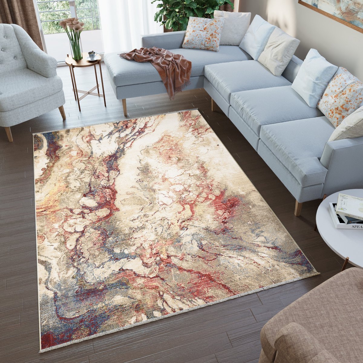 Tapiso Rivoli Vloerkleed Beige Rood Kunst Tapijt Maat- 80x150 Beige Blauw 3