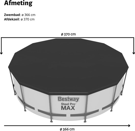 Zwart rond afdekzeil met een diameter van 370 cm, voor Bestway Steel Pro MAX zwembaden.