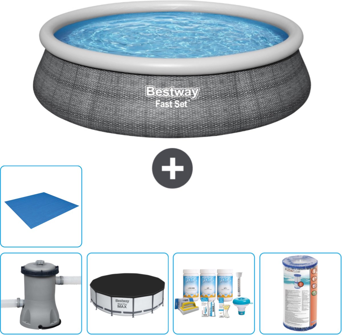 Bestway Rond Opblaasbaar Fast Set Zwembad - Rotanprint - 457 x 84 cm - Inclusief Pomp Afdekzeil - Onderhoudspakket - Filter - Grondzeil