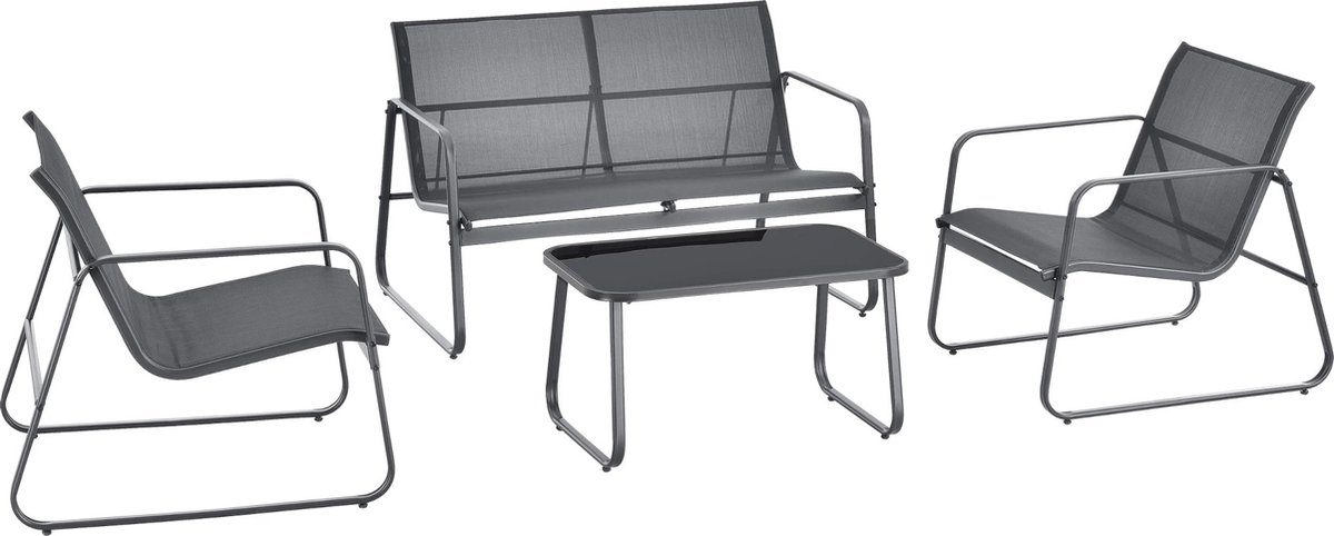 In And OutdoorMatch Tuinset Retta - 4-delig - Donkergrijs en Zwart - Staal, Glas en Stof