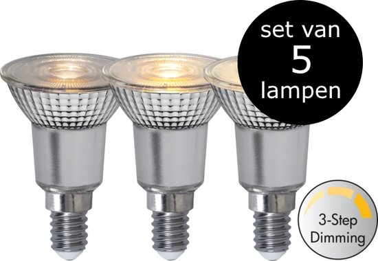 Trois spots LED argentés avec culot E14 et abat-jour transparent. Étiquette noire circulaire 'set van 5 lampen'.
