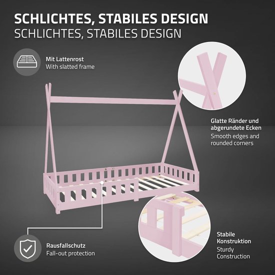 Kinderbed met uitvalbeveiliging en lattenbodem 90x200 cm Roze grenen hout ML-Design