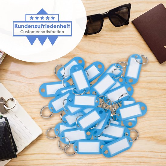 WINTEX Porte-clés avec étiquettes - 100 pièces - Porte-clés Heavy Duty - Porte-clés coloré avec anneau et étiquette - Bleu clair