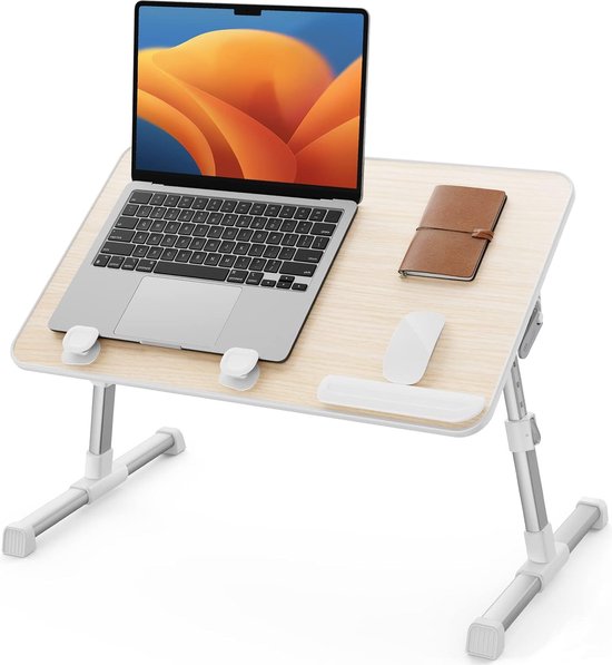 Laptop-beddienblad, verstelbaar staand bureau, draagbaar, licht, opvouwbaar, voor bank, vloer, werken, lezen, schrijven, eten, geschikt voor laptops tot 43,2 cm (17 inch) (groot, teak)