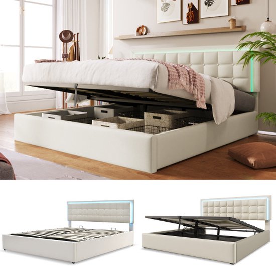 Gestoffeerd bed met lattenbodem en opbergruimte, tweepersoonsbed inclusief LED-verlichtingsstrip, bedframe 180x200cm, opbergruimte bed, functionele bedovertrek van wit kunstleer