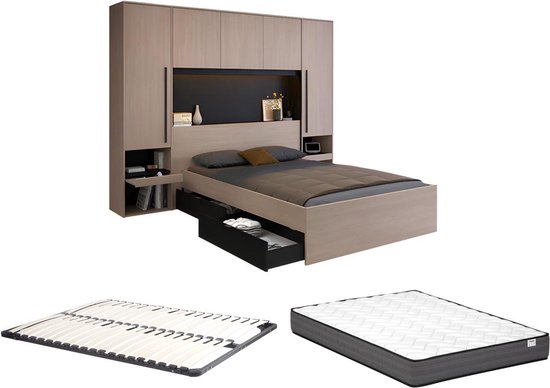Bed met opbergruimte 160 x 200 cm - Met ledverlichting - Kleur: naturel en zwart + bedbodem - VELONA L 265.2 cm x H 202.8 cm x D 243 cm