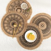 Set van 4 ronde placemats, Mandala Boho Placemats met kwastje, rustieke jute placemats voor eetkamer, keuken, tafeldecoratie (4 stuks, A)