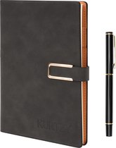 Kurtzy Dark Grey PU Leather Notebook with Pen - Refillable A5 Writing Journal with Thick Pages - Lined Paper Travel Diary for Business, Work & School