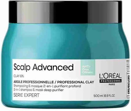 Turquoise pot met zwarte deksel, L'Oréal Professionnel Scalp Advanced Clay 6% Anti-Groos Oillness 500 ml.