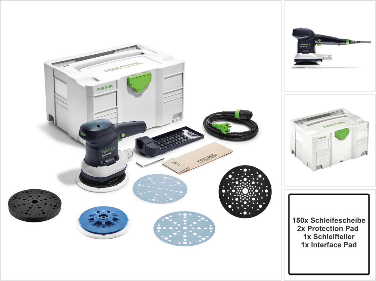 Festool ETS 150/5 EQ-Plus excenterschuurmachine 310 W 150 mm + 150x schuurschijf + 2x steunschijf + steunschijf + steunschijf + systainer