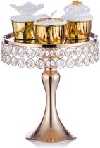 Bruiloftstaartstandaard goud: 20 cm diameter verjaardag taartstandaard sokkel, koninklijke metalen spiegelplaat hoog met kristallen kralen voor cupcakes middagthee taart party