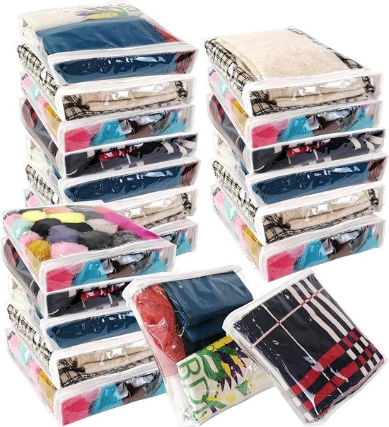 20 stuks transparante kledingopbergzakken, 26 x 26 x 6 cm, vinyl opvouwbare draagbare kastorganizerzakken voor truien, kleding, beddengoedorganizer