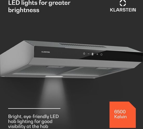 Klarstein Afzuigkap 60 cm, afzuigkap met aluminium filter, vaatwasmachinebestendig, stille luchtafvoer, 200 m³/h, efficiënte wandafzuigkap met led