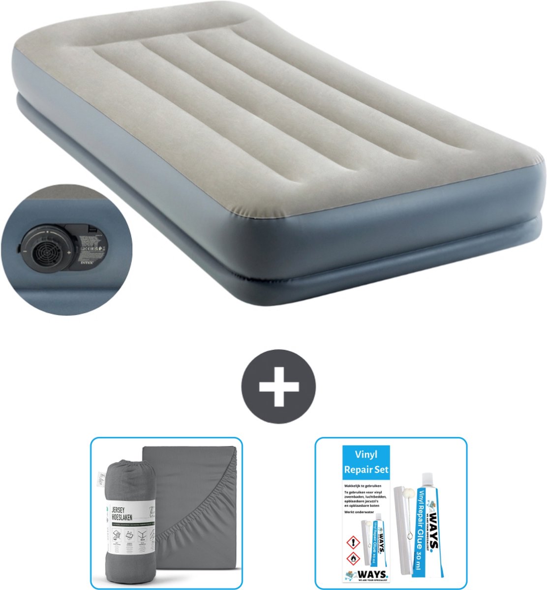 Intex Luchtbed - 1-Persoons - 99 x 191x 30 cm - Grijs - Inclusief pomp - Hoeslaken en Reparatieset