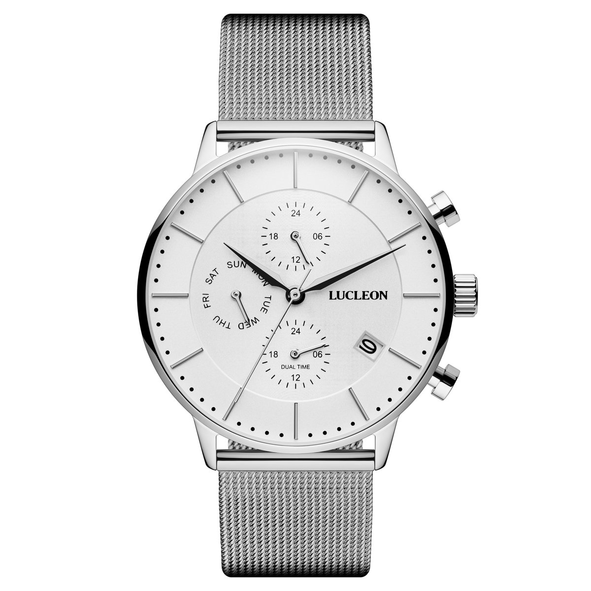 Lucleon Ternion zilverkleurig en wit roestvrijstalen horloge met dubbele tijdzone voor heren