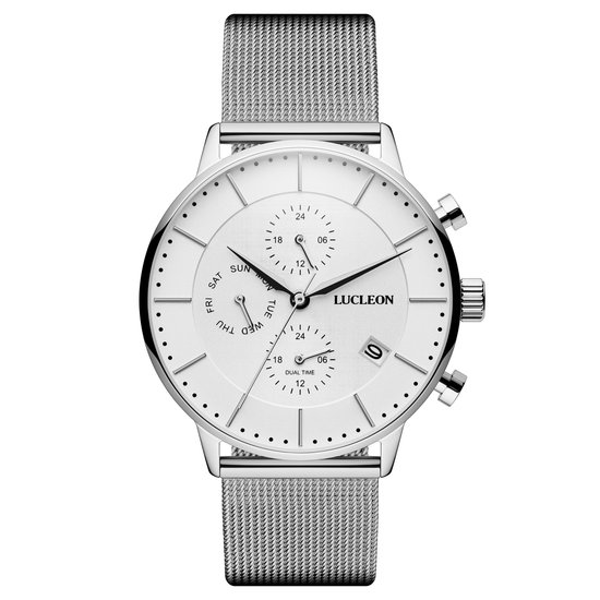 Lucleon Ternion zilverkleurig en wit roestvrijstalen horloge met dubbele tijdzone voor heren
