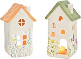 Voorjaar - Windlicht - Waxinelichtjeshouder - Windlicht huis met bloemendecor in groen of oranje, keramiek