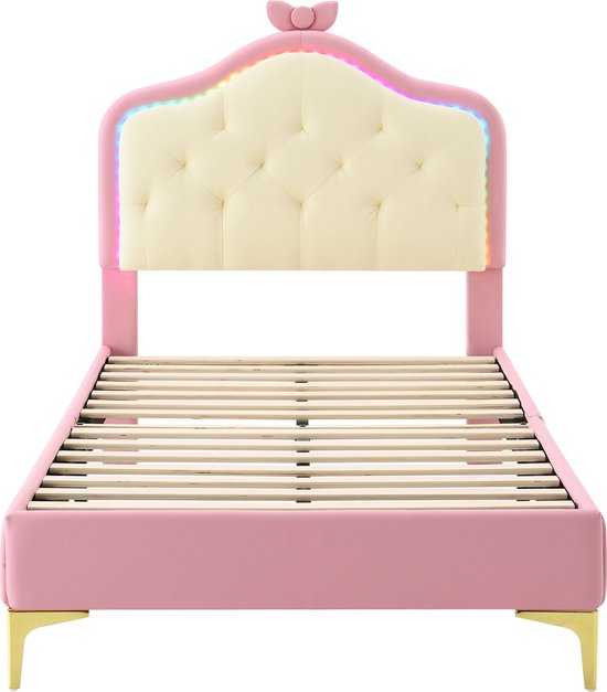 Merax Kunstleer Gestoffeerd Bed 90x200 - Kunstleder Eenpersoonsbed met LED Verlichting - Roze met Wit