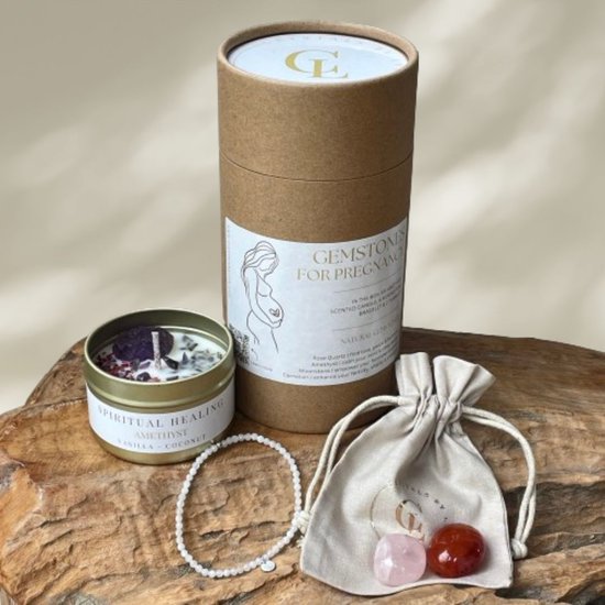 Edelsteen cadeau zwangerschap - Armband Maansteen - Geurkaars met edelsteen amethist - carneool en rozenkwarts edelstenen - edelstenen vruchtbaarheid