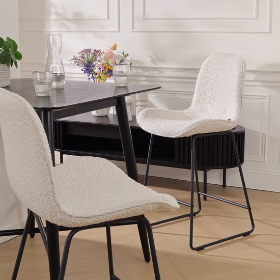 Nolon Nino-Fé Tabouret de Bar Bouclé Beige - Tissu - Piètement Zwart - 75 cm - Tabouret de Bar avec Dossier