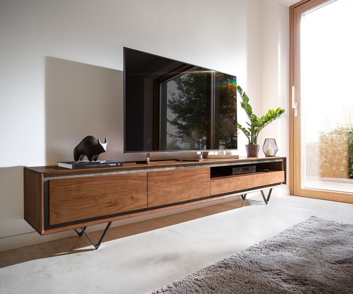 Tv-meubel Stonegrace acacia bruin steenfineer 240 cm 2 deuren 2 laden 1 legplank V-poot zw
