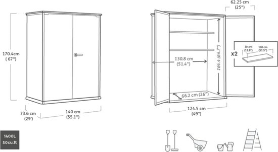 Dessin technique d'un abri de jardin gris de 1400L, avec dimensions et vue des portes ouvertes et du contenu.