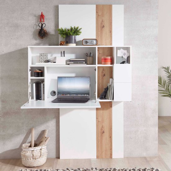 EMOB - Secretaire Inovo 120cm 1 deur - wit/eik - Emob - Kantoor outlet - Wit; Bruin - Melamine; MDF - Kantoor outlet - Op voorraad